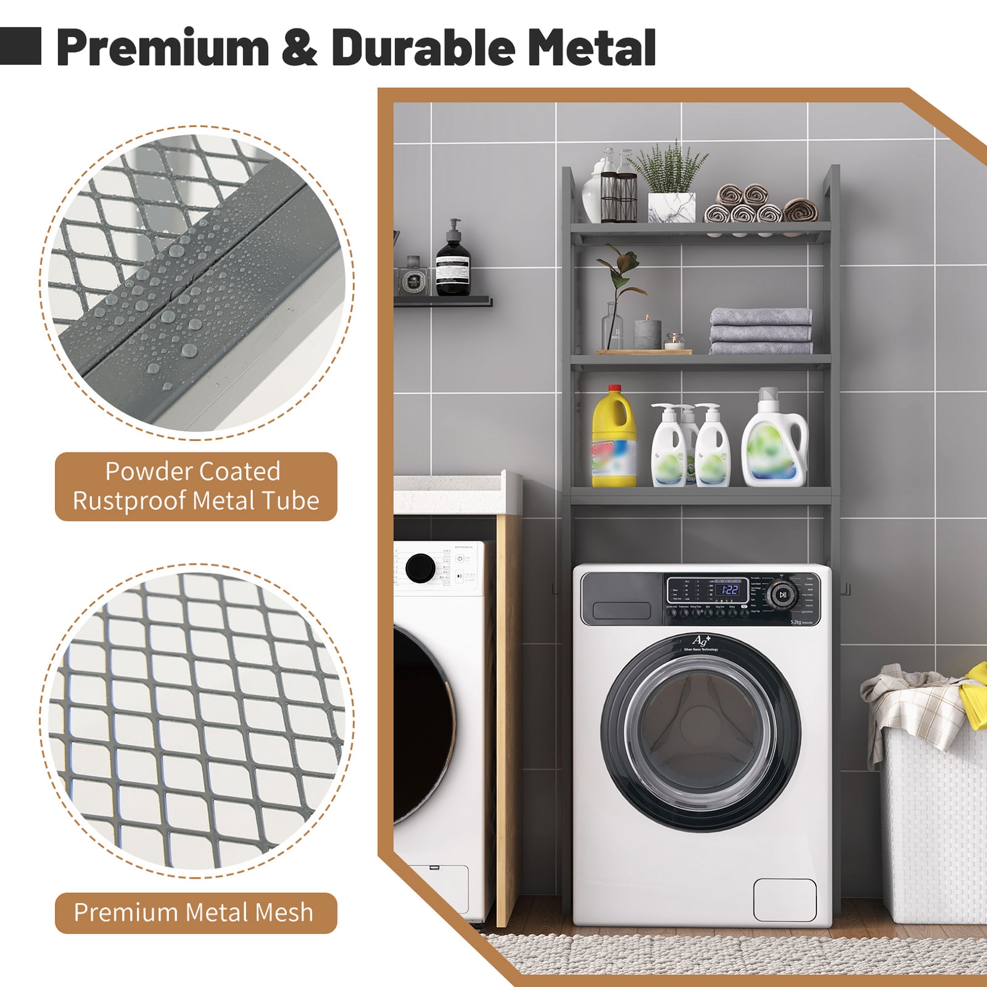 Costway Over-The-Toilet Storage Shelf Space Saving Metal Bathroom Organizer Hooks Grey