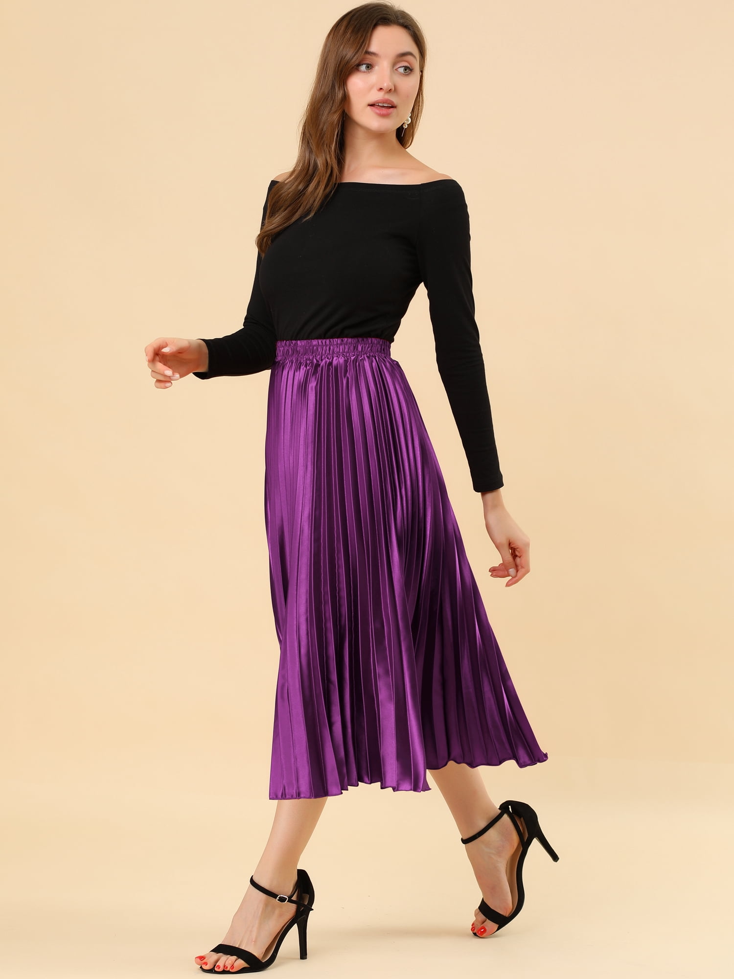 DARING DIVA Women's Midi Length Elastic High Waisted Pleated Skirt 2XL Purple