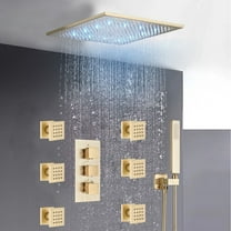 Brushed Gold Thermostatic Shower Faucet Set Kit 12"LED Rain Massage System Combo