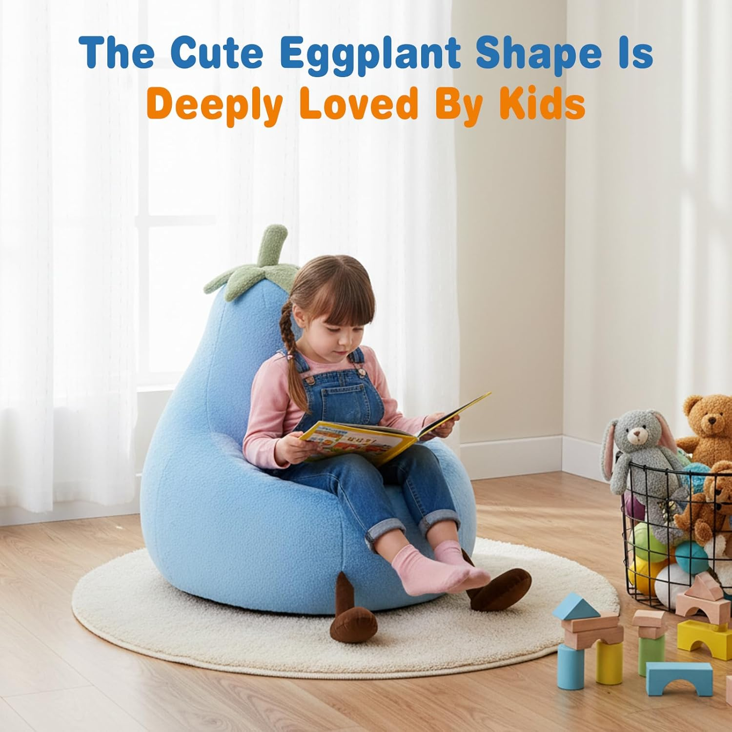 CONCETTA 24in Bean Bag Chair, Soft Faux Rabbit Fur Fabric, Cute Eggplant Lazy Chair for Kids, Living Rooms, Blue