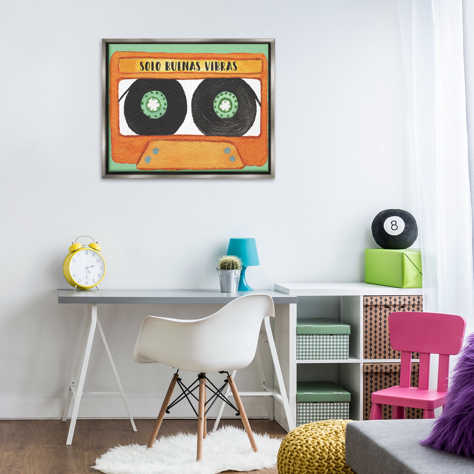 Stupell Industries Solo Buenas Vibras Casete Music Painting Gray Floater Framed Art Print Wall Art, 31 x 25