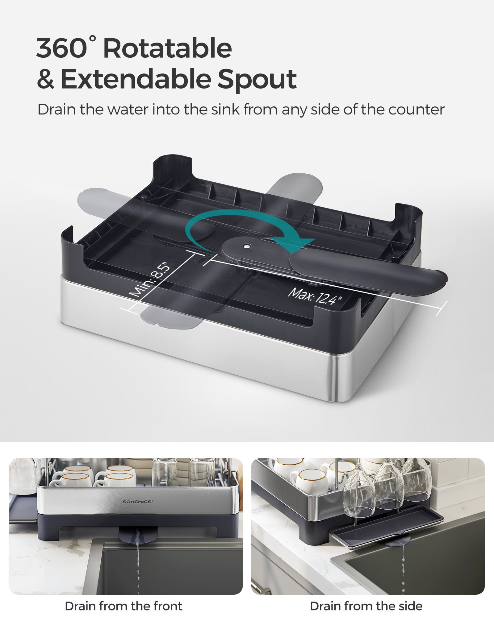 SONGMICS Dish Drying Rack - 2 Tier Dish Rack for Kitchen Counter with Rotatable and Extendable Drain Spout, Silver and Gray