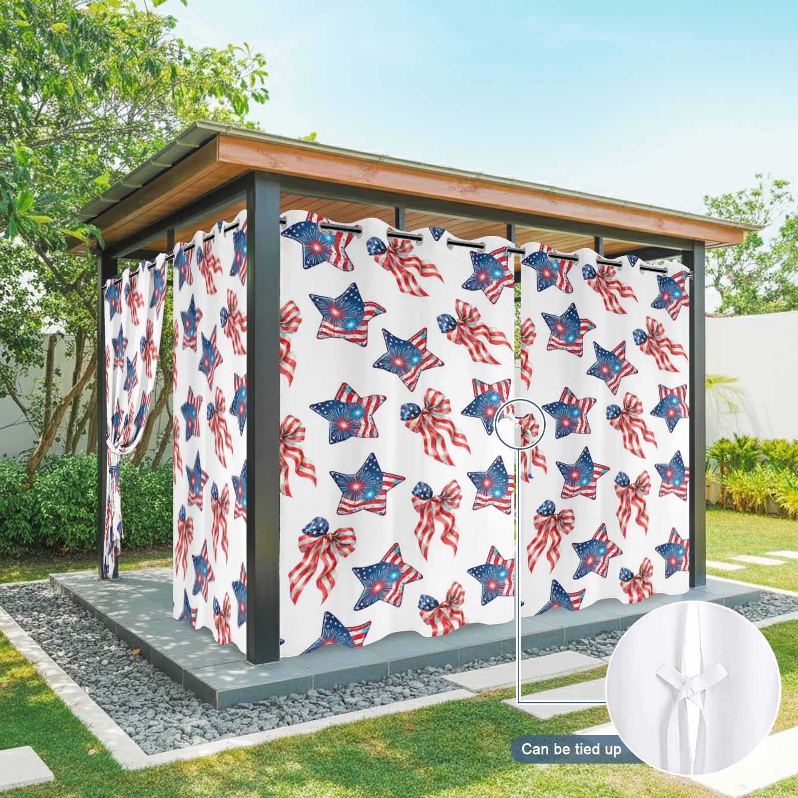 Independence Day Outdoor Curtains for Patio, US Flag Red Blue Stripe Patriotic Star Bow Fireworks Sunshade Privacy Drapes Grommet Waterproof Outside Curtains for Porch Balcony 54"x108", 1 Panel
