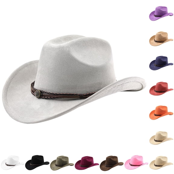 Zijinkuiwen Unisex Suede Cowboy Hat with Braided Leather Rope Ornament Band Wide Brim for Western Themed Party Cosplay Country Music Festival Gathering,Grey,One Size
