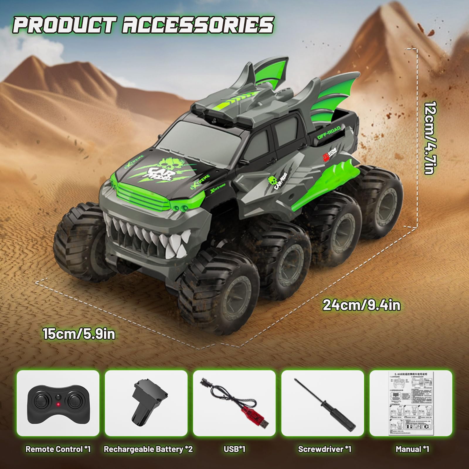 Amphibious Remote Control Car 8WD RC Monster Truck with 2 Rechargeable Batteries for Boys Age 8-12 Offroad Waterproof RC Pickup All Terrain RC Drift Cars Beach Pool Toys Gifts for Kids