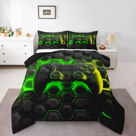 Erosebridal Teens Gaming Bedding Sets Twin with Comforter, Green Honeycomb Duvet Insert, Geometric Reversible Comforters & Duvets, Ultra Soft Bedroom Decoration, 2 Pieces