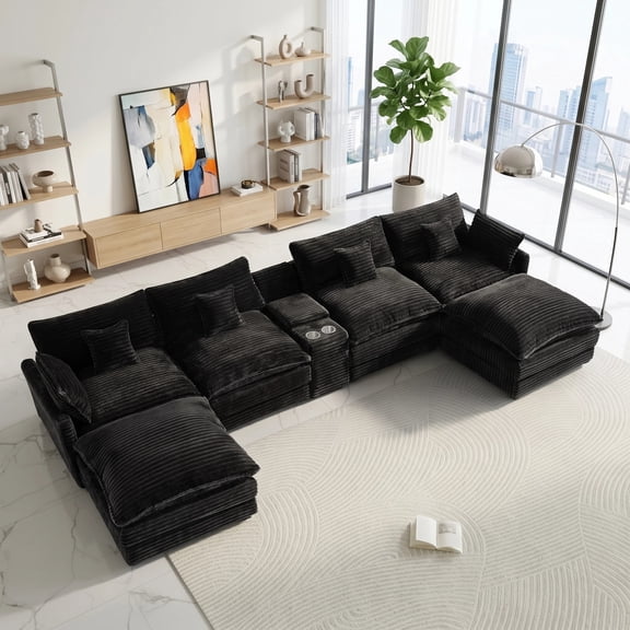 ANPPORT 145" U Shaped Cloud Modular Sectional Sofa, Corduroy Deep Seat Couch with Storage Console, USB Ports & Cup Holders for Living Room, Black