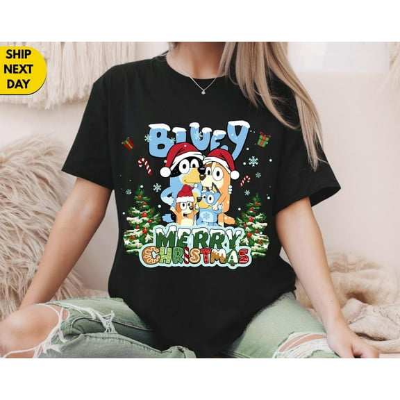 Bluey Cartoon Christmas T-shirt, Family Matching Holiday Gift Tee,Festive Bluey Cartoon Shirt, Family Christmas Gift Tee