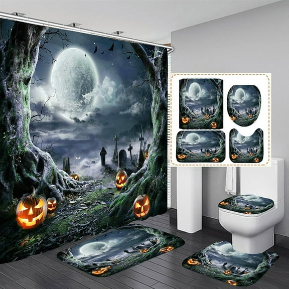 4PCS Halloween Shower Curtain Set with Non-Slip Rug, Toilet Lid Cover and Bath Mat, Moon Night Forest Pumpkin Shower Curtain with 12 Hooks, Waterproof Shower Curtain for Halloween Bathroom Decor