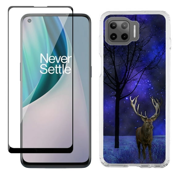 Slim-Fit Protective Phone Case compatible with Motorola Moto One 5G UW, with Tempered Glass Screen Protector, by OneToughShield ® - Midnight Deer