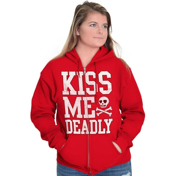 Valentines Day Skull Kiss Me Deadly Zip Hoodie Sweatshirt Women Brisco Brands M