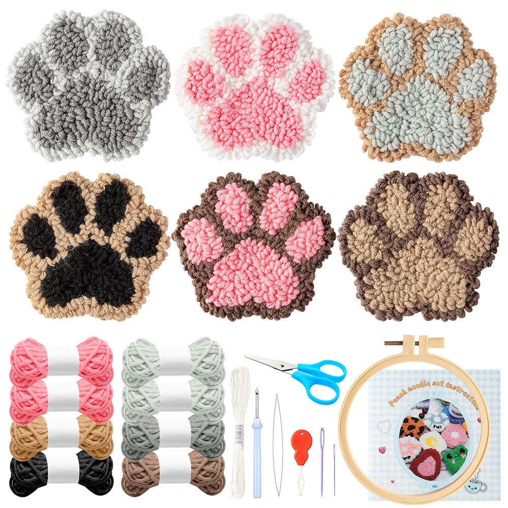 Belanttega Cat Paw Pattern Craft Punch Needle Kit Handmade Coaster Kits for DIY Art Craft Beginners Felt Yarns Embroidery Hoop with Instructions Ideal Gift for Desktop Decoration And Heat Insulation