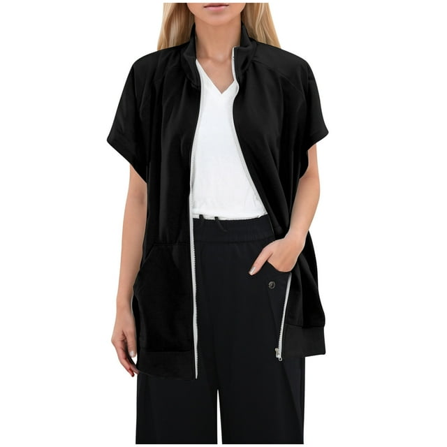 GPOECD Women's Lapel Zip Thread Pocket Sweatshirt Sleeveless Oversized Sweatshirt Black,L