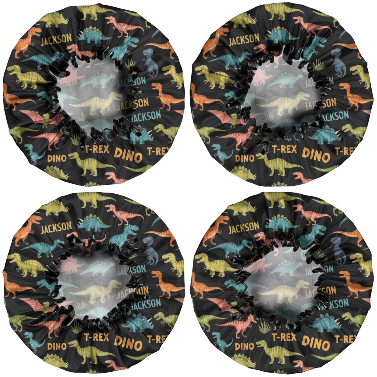 Shower Caps,Black Cartoon Dinosaurs Names Pattern Waterproof Shower Cap for Women 4 Pieces,Double Reusable Hair Cover for Shower PEVA Elastic Stretch Hem