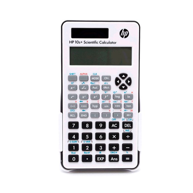 calculadora científica hp 10s plus con 240 funciones vista frontal centrada de la HP 10s Plus blanca con pantalla LCD, logotipo HP, teclado con botones numéricos y teclas científicas visibles (sin, cos, tan, log, ln, EXP), botones AC y DEL; fondo blanco neutro; adecuada para uso en escuela, oficina y prácticas de estudio.