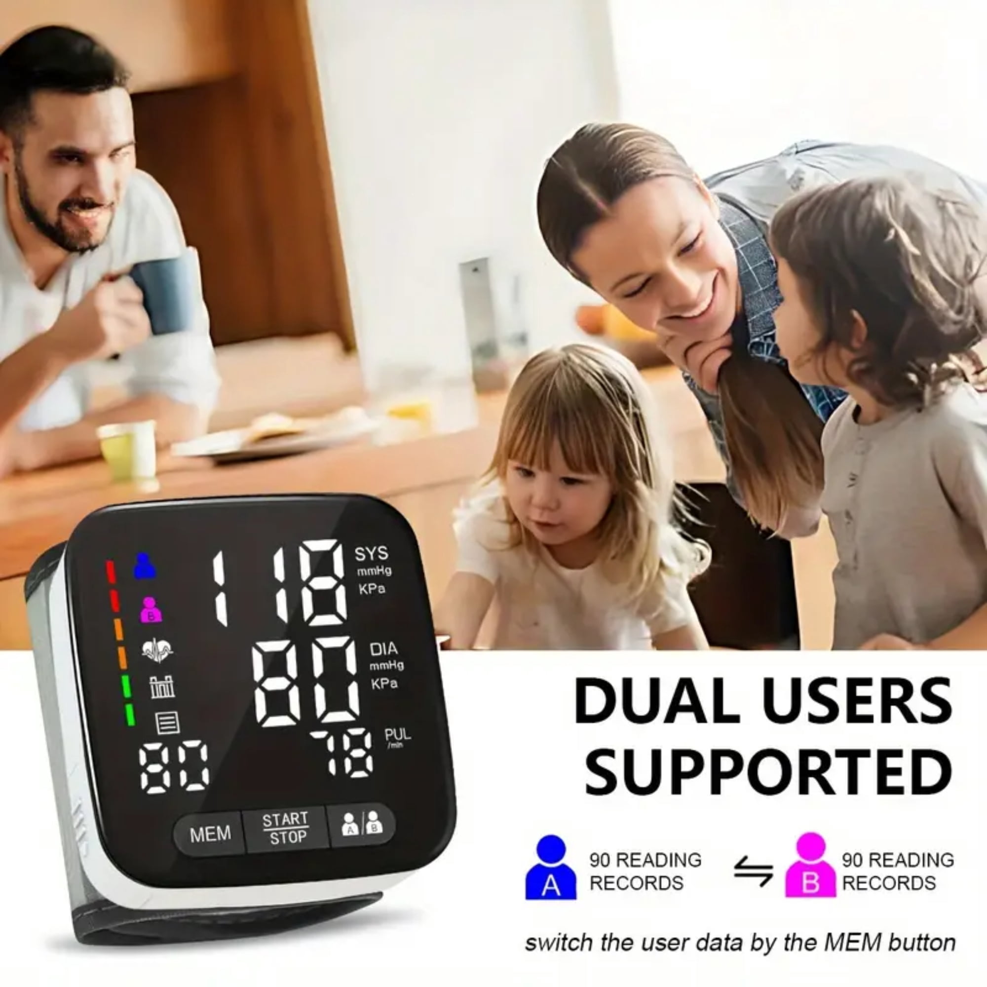 Wrist Blood Pressure Monitor, 5.3-8.4 Inch Large Backlit Display, Detachable Adult Cuff, Arrhythmia Detection, 2x90 Memory Readings, Battery-Powered (Battery Not Included), Health Monitoring Device |