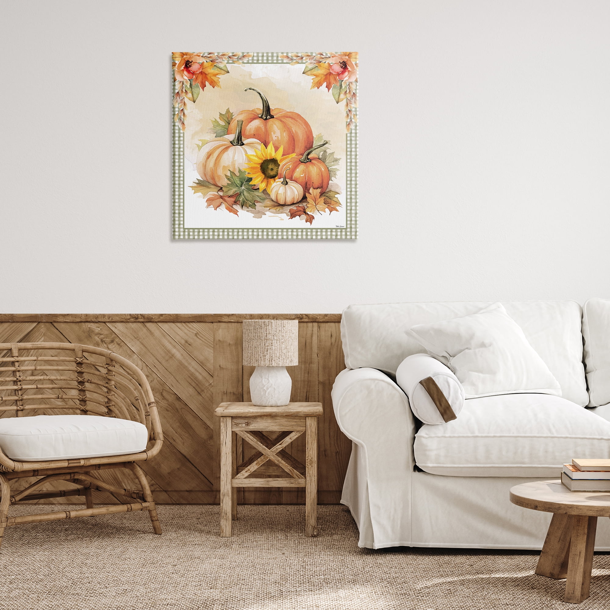 Stupell Industries Autumn Pumpkins Floral Border Botanical & Floral Painting Gallery Wrapped Canvas Art Prints Wall Art, 30 x 30