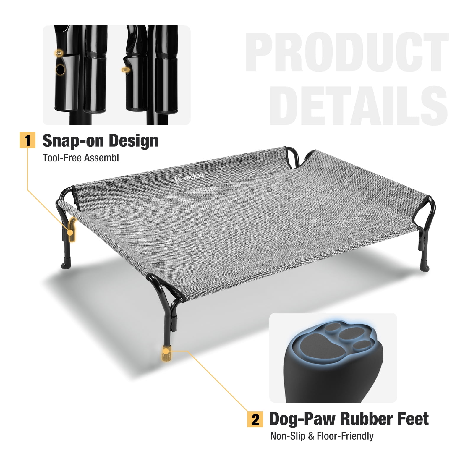 Veehoo Cooling Elevated Dog Bed with Guardrail & Slope Headrest, Teslin Mesh, Large, Black Silver
