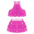 thumbnail image 3 of TSSOE Kids Girls Sleeveless Sequins Tiered Crop Top with Skirt Latin Jazz Modern Rumba Salsa Samba Hot Pink 12, 3 of 7