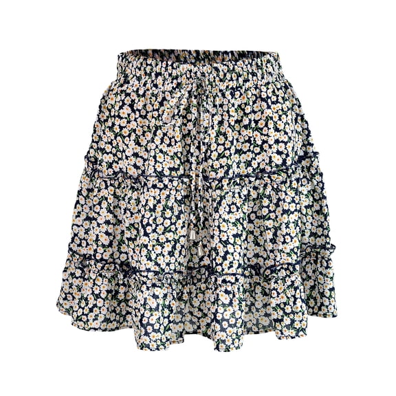 jinghuiyue Womens Ruffle Mini Skirt High Waisted Floral Print A-Line Casual Flowy Tiered Summer Skirts L