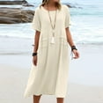 thumbnail image 1 of Vestido de verano holgado e informal de algodón y lino de color liso con cuello redondo y manga corta y largo medio para mujer, 1 of 1