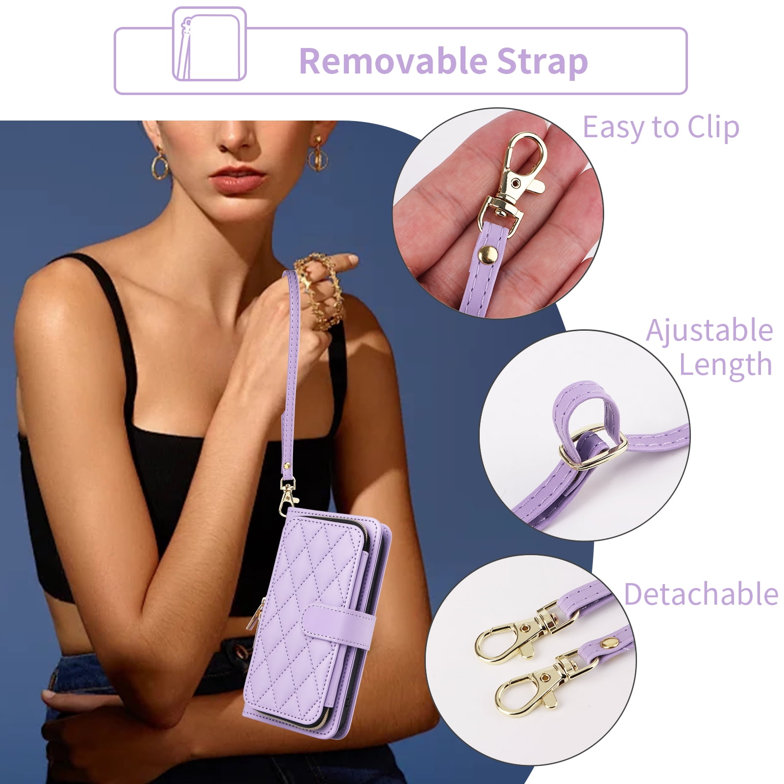 Furiet Wallet Case for Google Pixel 7 5G with Wrist/Shoulder Strap, Card Slots Zipper Flip Purse Luxury PU Leather Card Holder Stand Cell Phone Cover for Pixel7 Pixle Seven 6.3 Women Girls Purple