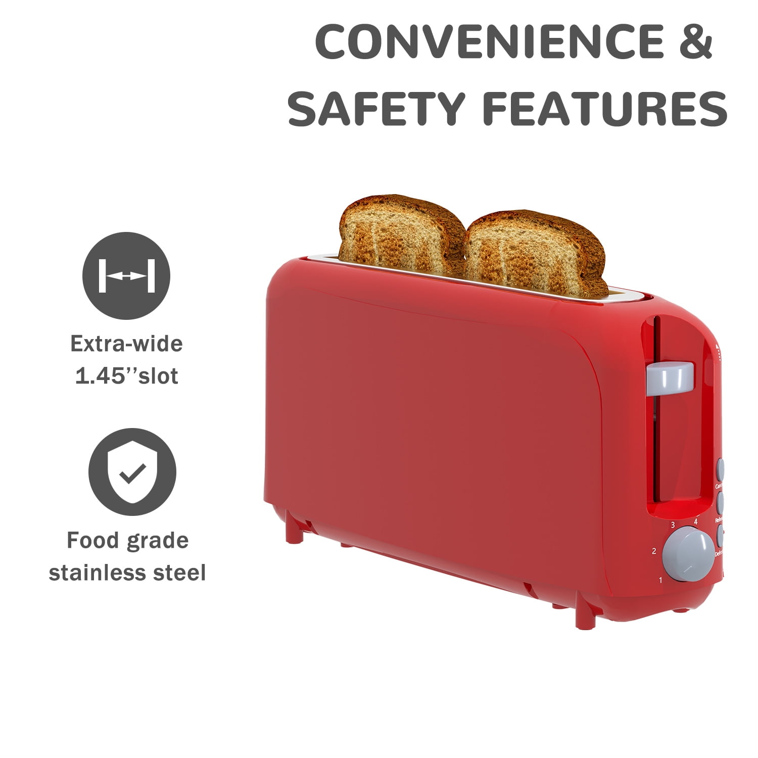 Slim 2-Slice Toaster, 10" Long Slot,6 Shade Settings with Cancel, Reheat & Defrost, Auto Shut off, Removable Crumb Tray，Red