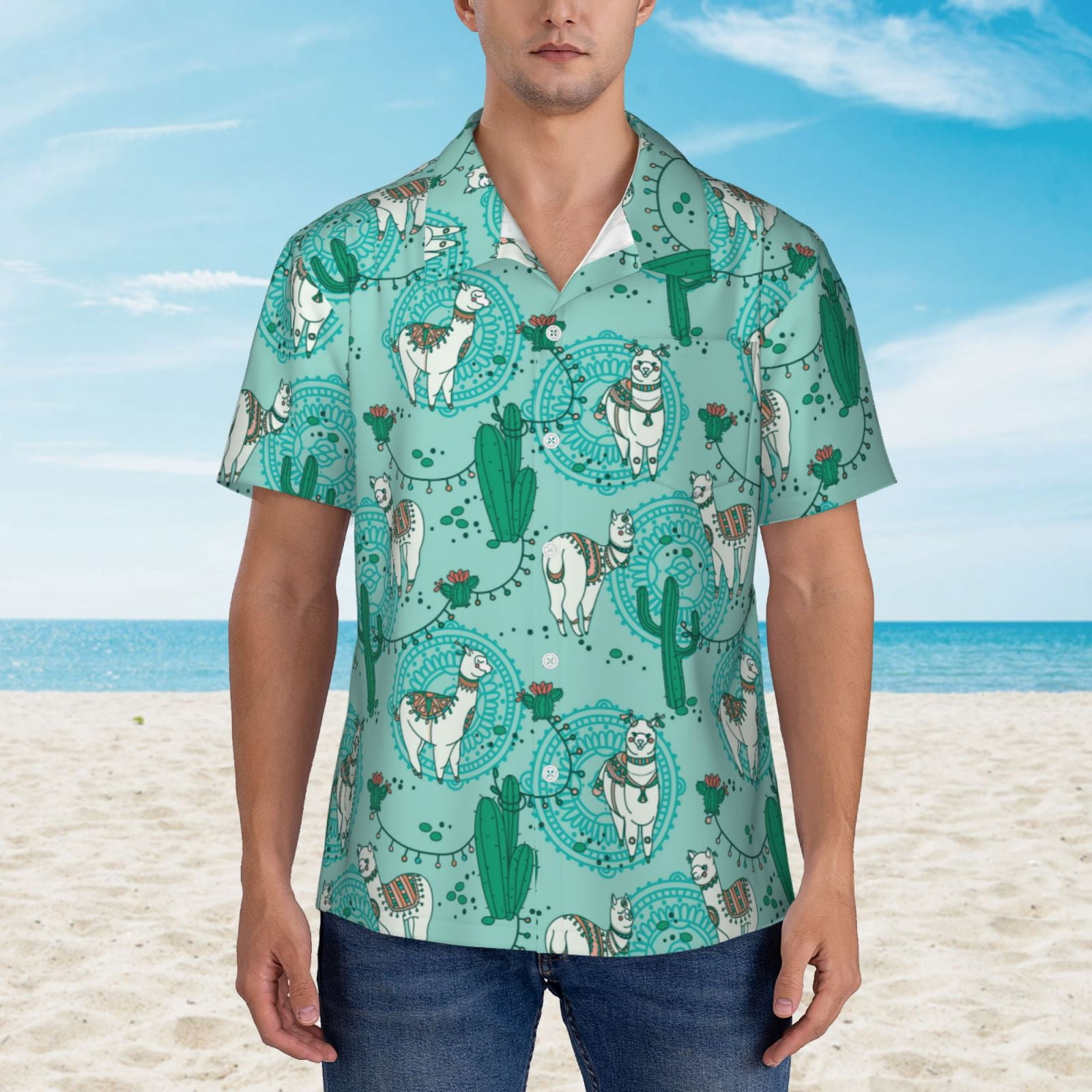 Logiee Alapaca in Boho Print Mens Hawaiian Shirts,Loose-Fit Short Sleeve Button Down Tropical Aloha Beach Shirt,Summer Vacation Wedding Tops,X-Large