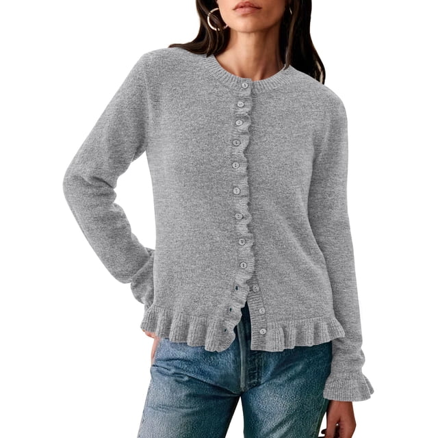 Cardigan PRETTYGARDEN para Mujer, Tejido Grueso con Volantes, Gris, Talle L