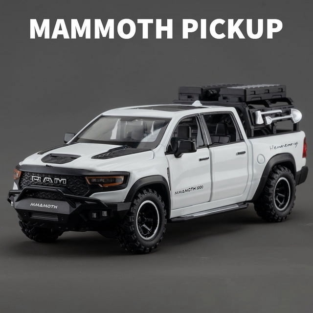 1:32 Dodge RAM 1000 TRX Mammoth Picku coche en miniatura de aleación sonido y luz tirar hacia atrás juguete para niños coleccionables regalo de cumpleaños,BLANCO