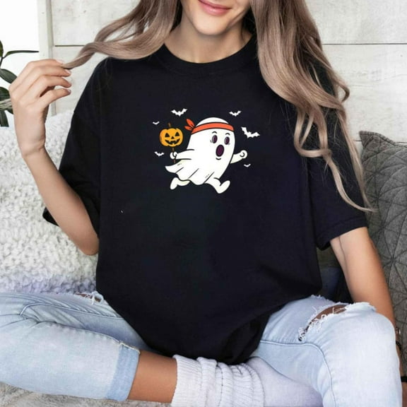 Cute Ghost Running T Shirt, Spooky Halloween Graphic Tees,Workout Tops for Women，Fashion，cotton，black，S-5XL