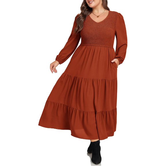 Women Plus Size Fall Dresses Long Sleeve V Neck Dress Maxi Casual Flowy Tiered 2026 Dress with Pockets