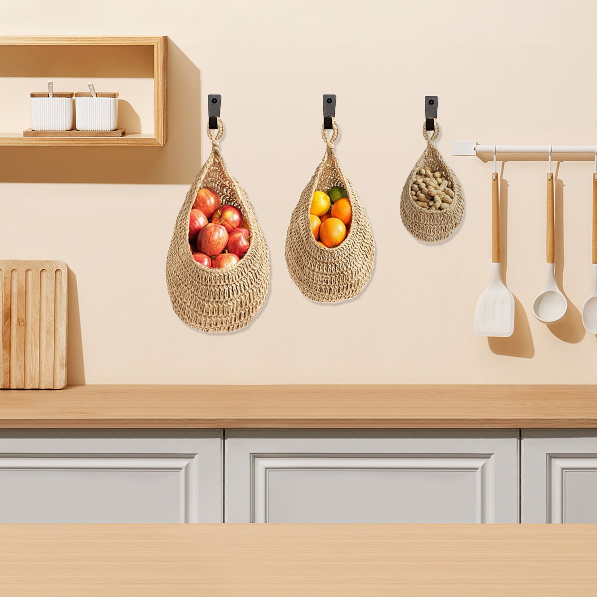Hanging Baskets Kitchen Boho Jute Hanging Basket Woven Wall Decorative Vegetable Fruit Baskets Potato Garlic Onion Storage 3 Pcs