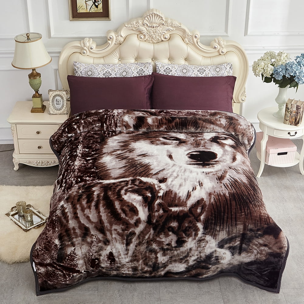 Soft Warm Plush Reversible Bed Blanket Coffee & Black Wolf Printed Blanket 77 x 87 inches