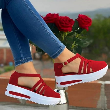 

Sandals Women Women S Fashion Wedge Platform Buckle Strap Sandals Ladies Cusual Solid Shoes Womens Sandals Flock Red 40