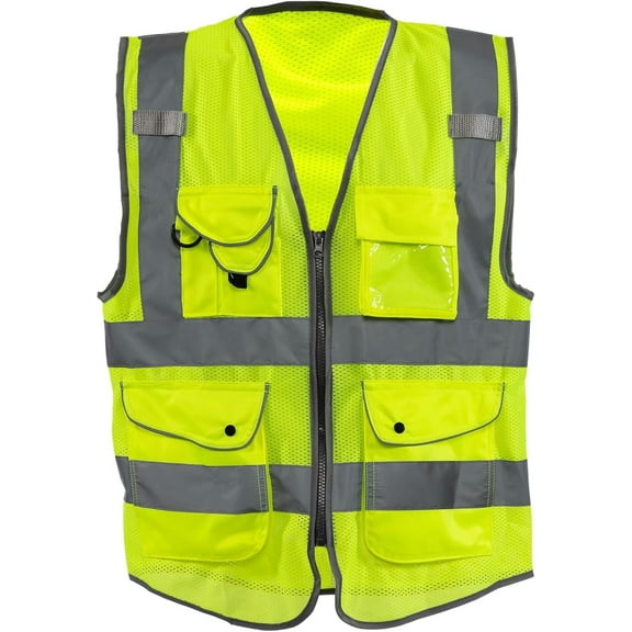 NEIKO Safety Vest with Pockets, 9 Pocket, High Visibility Vest, Reflective Strips, Zipper Front, Reflective Vest For Men & Women, Work Vest, Security Vest, Hi Vis Mesh Neon Yellow Vest  4XL 54065A