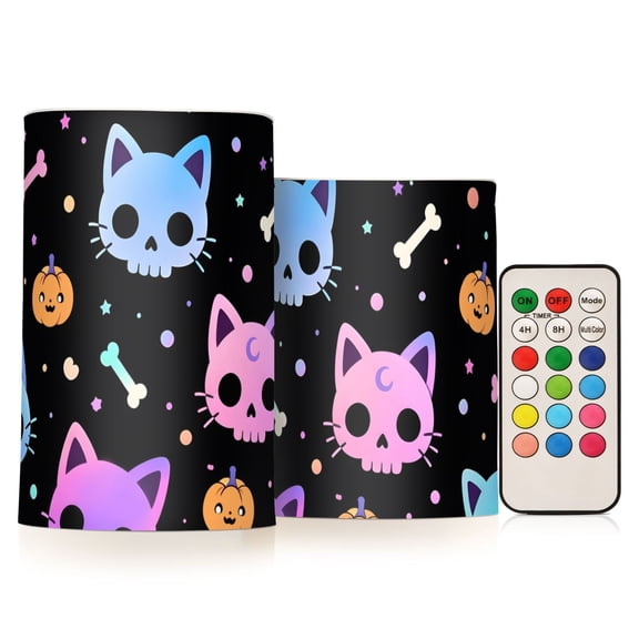 Neon Cat Pumpkin Flameless Candles Flickering with Remote and Timer Battery Operated LED Pillar Candle Set of 2