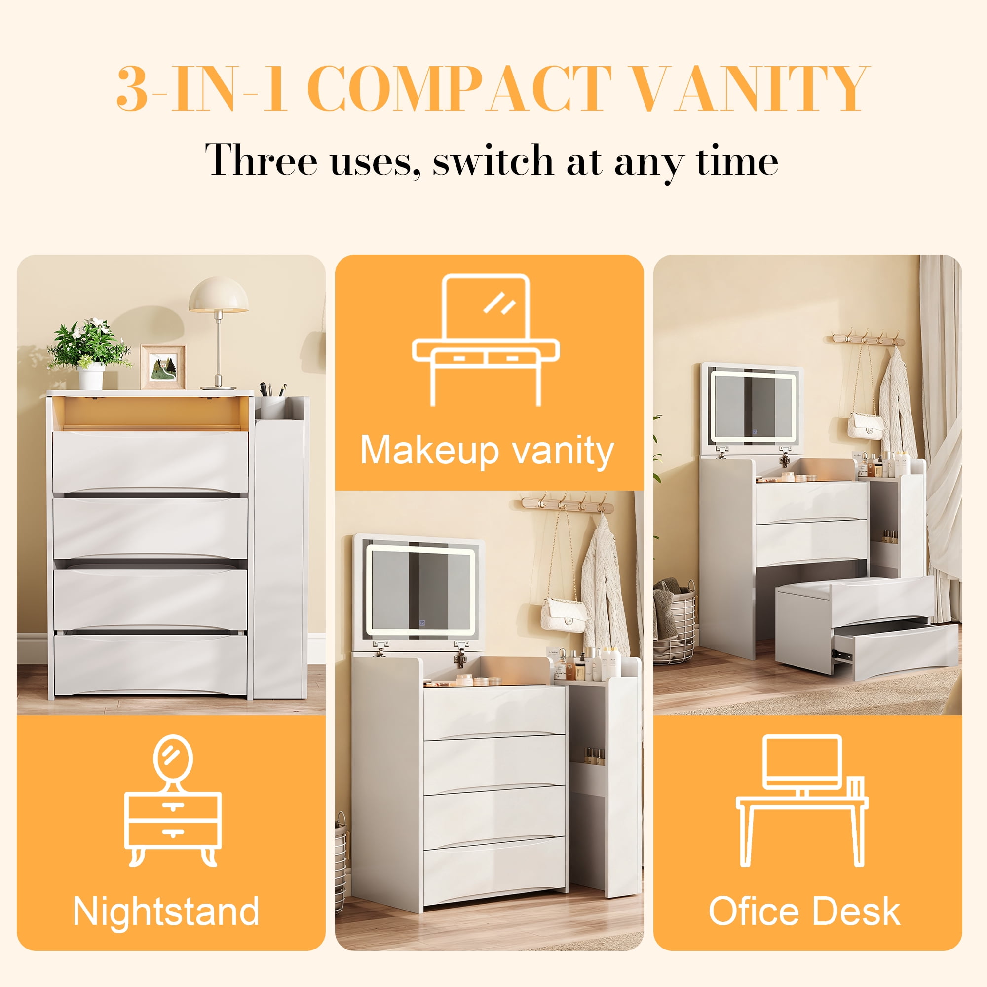 3-in-1 Flip Mirror Vanity Desk with Lights & Storage, Makeup Dressing Table with Adjustable LED, Side Sliding Tray and Stool, Space-Saving Furniture for Bedroom(White)