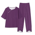 thumbnail image 3 of Scyoekwg Womens 2 Piece Sets Summer Outfits Trendy Short Sleeve Round Neck Tops Jogger Pants Tracksuit Casual Sweatsuits Sets Solid Color Loose Outfits (Purple,M), 3 of 4