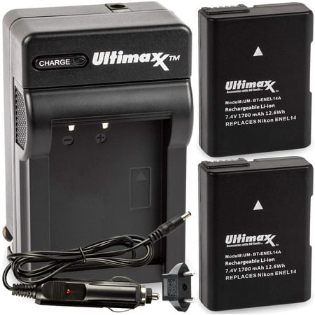 ULTIMAXX Travel Charger + Replacement Battery for Nikon ENEL14A - 1700 mah