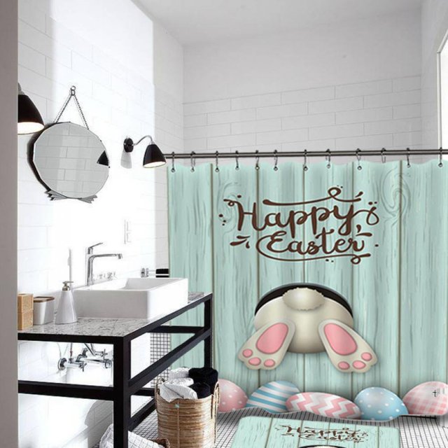 Waterproof Rabbit Easter Eggs Shower Curtain 4 Piece Bathroom Toilet Mat U-pad Set