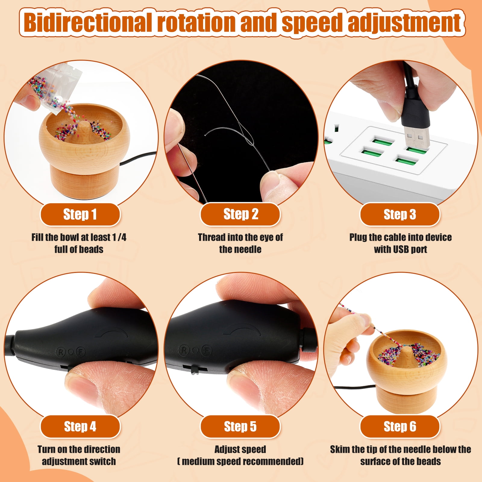 Electric Bead Spinner,Seed Bead Spinner USB Powered Spin Beading Bowl Kit Adjustable Speed and Direction Spin Bead Loader with 2 Beading Needles 2000 Beads for Bracelets Jewelry Making