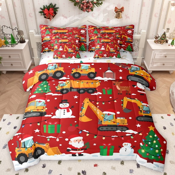 Homewish Cartoon Santa Claus 7-Piece Twin Bedding Sets,Cartoon Xmas Tree Snowman Bedding Comforter Set,Orange Vehicle Truck Excavator Sheet Sets For Boys Kids,Ultra Soft Home Decor Reversible