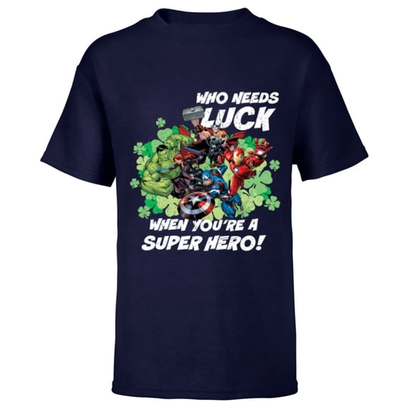 Marvel Avengers Who Needs Luck Super Hero St. Patrick’s Day - Short Sleeve T-Shirt for Kids - Customized-Navy