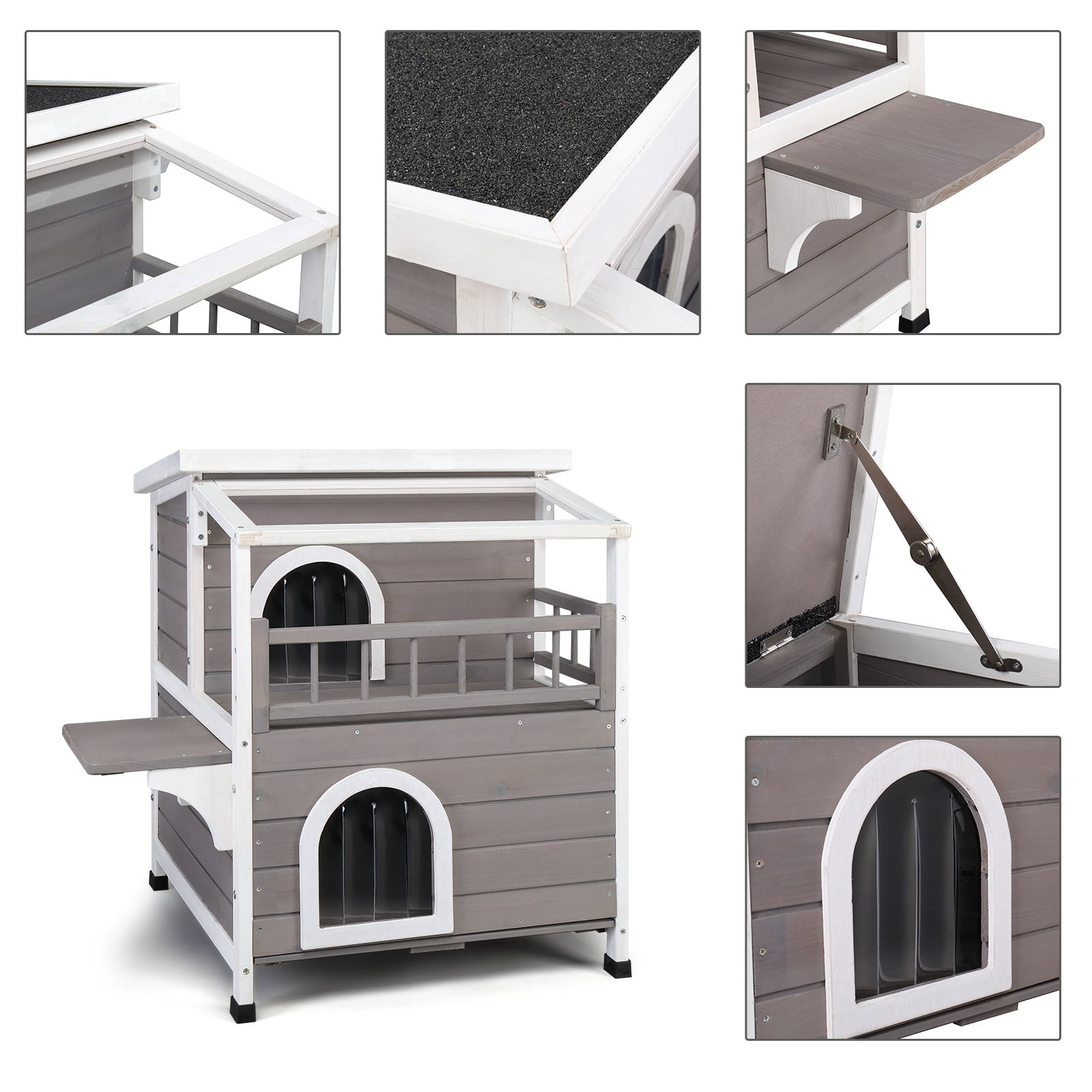 Zephypaws 2-Story Cat Shelter House with Transparent Canopy & Large Balcony, Indoor Outdoor, Grey & White