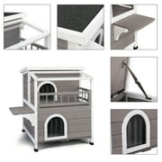 Ktaxon Outdoor Cat House Wooden, 2-Story Outside Cat Shelter Condo Enclosure with Escape Door, Weatherproof Openable Roof, Gray