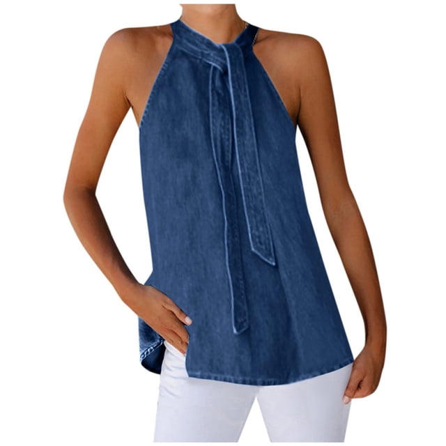 Summer Womens Tops O-Neck Sexy Halter Tie Solid Color Sleeveless Vest T-Shirt
