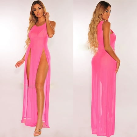 Douhoow Women Mesh Sheer Long Dress Beach Dresses Bikini Cover Up See-through Tulle Cover-Ups