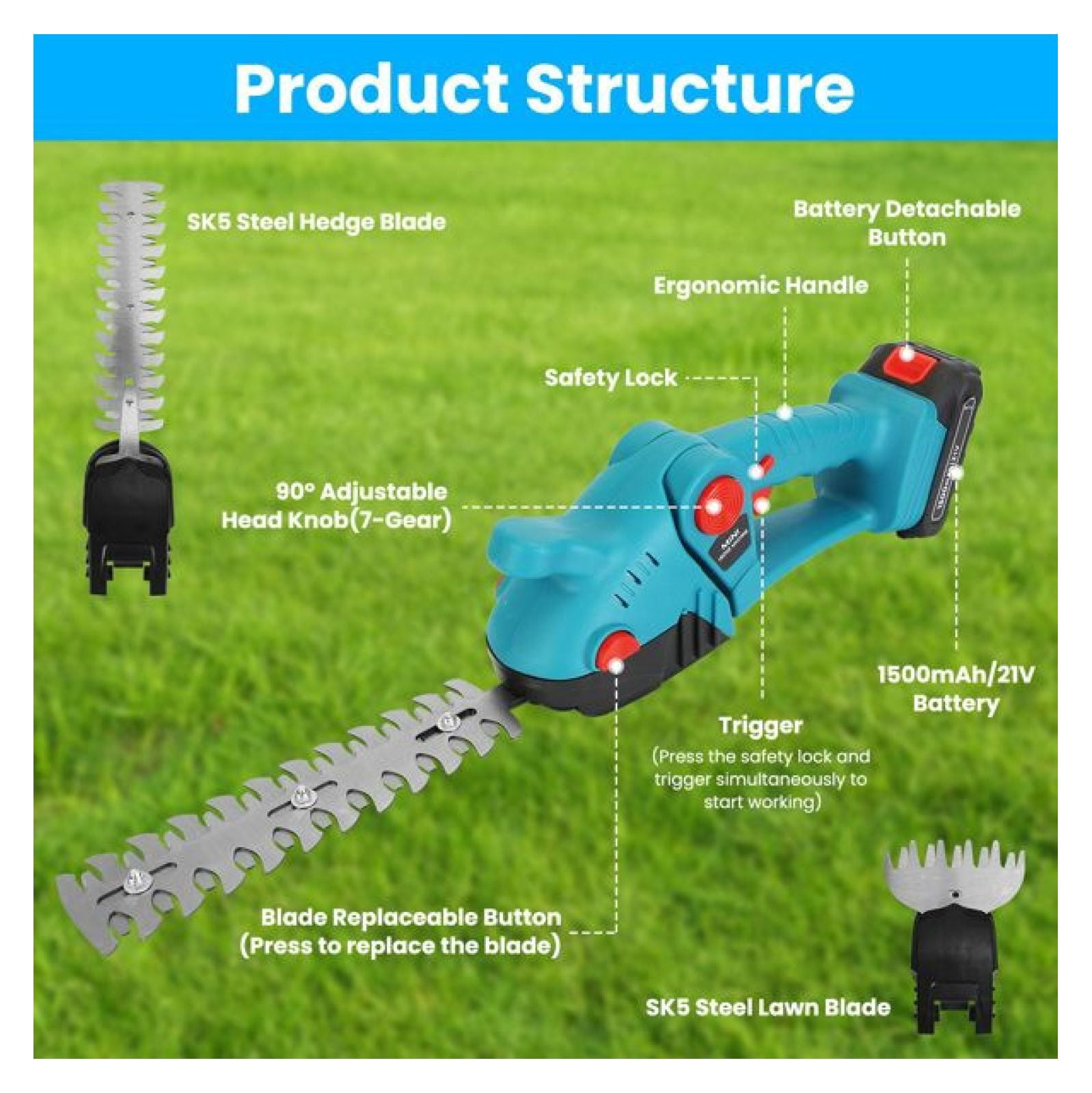 3 In 1 Multifunctional Mini Hedge Trimmer & Grass Shear Electric Cordless Handheld Hedge Trimmer with 90° Rotatable Head Telescopic Extension Pole Gloves Goggles 2Pcs 21V Batteries