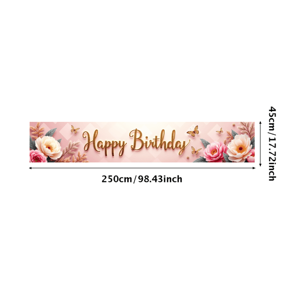 Pink Background Happy Birthday Banner with Peony and Butterfly Elements Party Decoration Photography Prop Backdrop for Birthday Party Supplies Celebrations Photo Booth Setup
